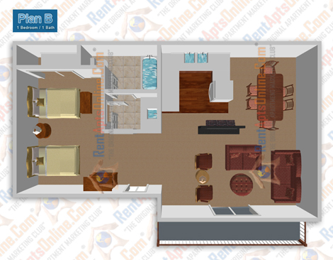 This image is the visual 3D representation of Floor Plan B in Huntington Creek Apartments.