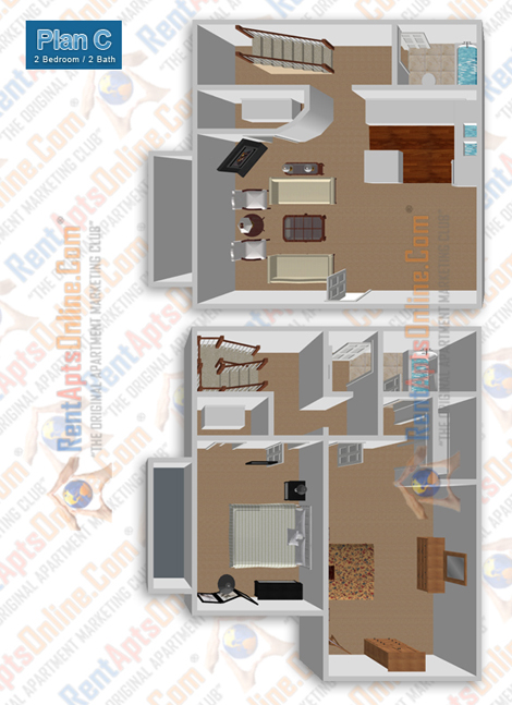 This image is the visual 3D representation of Floor Plan C in Huntington Creek Apartments.