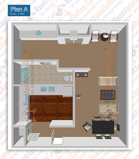 This image is the visual 3D representation of Floor Plan A in Huntington Creek Apartments.